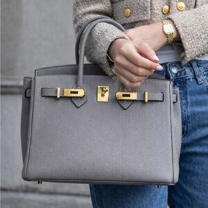 Taupe Top-Handle Leather Handbag with Gold Hardware
